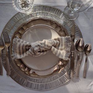 Never used. Discontinued Ambiance Titanium Baroque dinner plate.